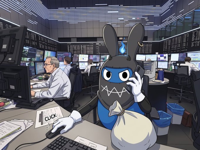 An anime-style illustration shows a black rabbit-like creature in a hooded outfit holding a phone and a sack in a busy control room filled with monitors and workers.