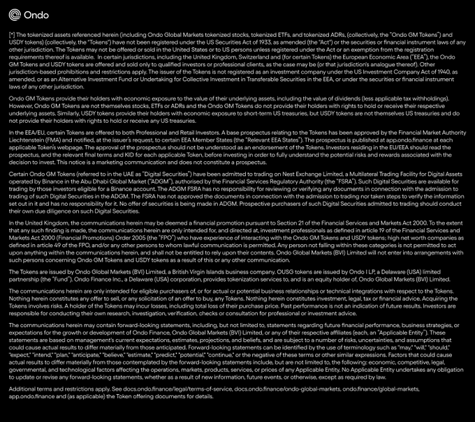 An Ondo tokenization disclaimer document detailing regulatory information about Ondo GM Tokens and USDY tokens, including risk warnings.