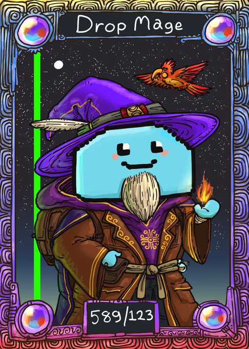 A whimsical "Drop Mage" trading card illustration featuring a cute blue cubic wizard with a feathered purple hat and a red bird companion, titled "Drop Mage" with the number "589/123" at the bottom—representing a digital collectible art piece by Dale on the XRP Ledger (XRPL). The image visually celebrates the sold-out mint of this charming character card.