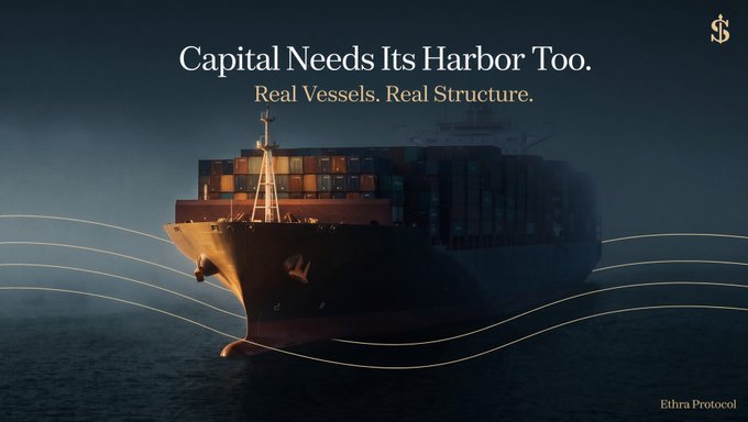An advertisement for Edhra Protocol featuring a large container ship at sea with the text 'Capital Needs Its Harbor Too. Real Vessels. Real Structure.'
