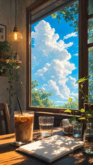 A serene window scene with iced coffee, water glasses, and an open notebook on a wooden table, overlooking a bright blue sky with fluffy clouds and green trees.