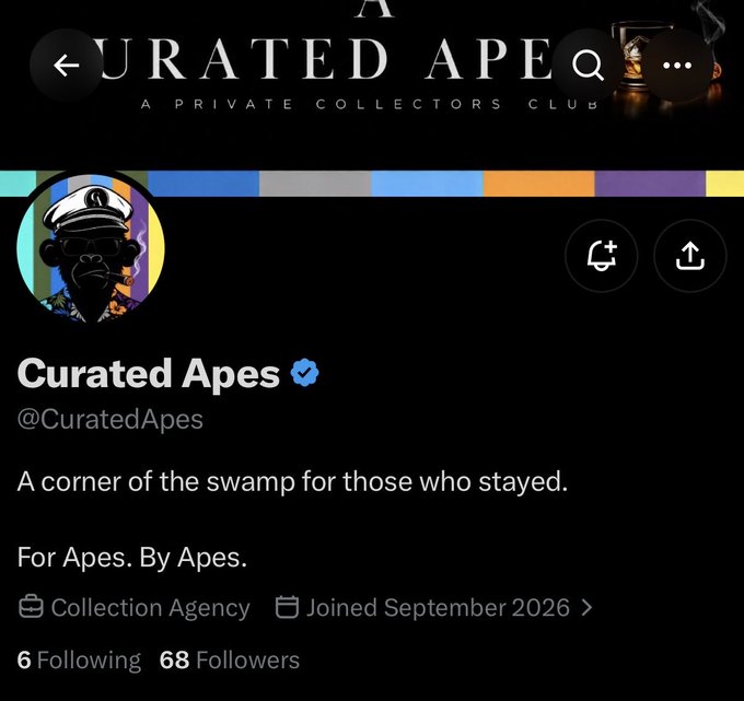 A Twitter/X profile for 'Curated Apes' (@CuratedApes) describing itself as 'A corner of the swamp for those who stayed. For Apes. By Apes.'