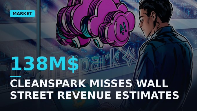 A market graphic featuring a cartoon figure looking at a thought bubble with 'AI' in it, with text reading '138M$' and 'CLEANSPARK MISSES WALL STREET REVENUE ESTIMATES'.
