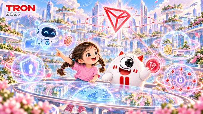 A vibrant 'TRON 2027' promotional illustration showing a child and white cat character in a futuristic cityscape with the red TRON logo, floating holographic icons including locks, coins, and shields.