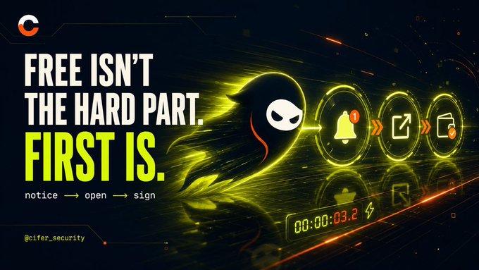 A cybersecurity promotional graphic with the text "FREE ISN'T THE HARD PART. FIRST IS." showing a ghost-like logo character alongside notification icons, with the tagline "notice → open → sign" and a timer reading 00:00:03.2, tagged @cifer_security.