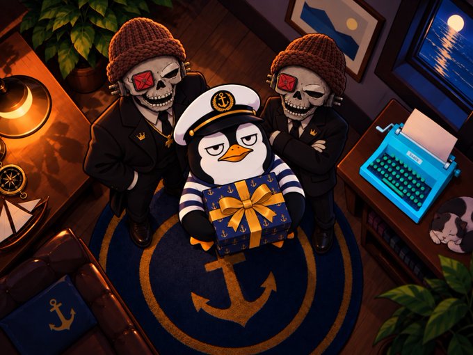 A digital illustration of a penguin in a sailor hat holding a wrapped gift, flanked by two skeletal figures in suits wearing red X-eye glasses, set in a dimly lit room with a vintage typewriter.