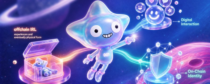 A promotional graphic features a translucent star-shaped character labeled '001' in a cosmic setting, highlighting 'offchain IRL' experiences, 'Digital Interaction,' and 'On-Chain Identity' features.