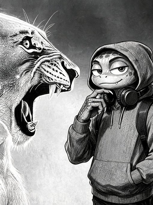 A black-and-white illustration shows a snarling tiger facing off against a smirk-faced turtle wearing a hoodie and headphones, with the turtle confidently holding his chin while the tiger bares its fangs. The "turtle vs. tiger" metaphor cleverly mirrors the post's message about $INTERN—the slow, steady, and relevant contender—standing firm against louder market predators, reinforcing the idea that patience and fundamentals (like $INTERN's low market cap and community ties to $CASHCAT) can outlast aggressive hype.