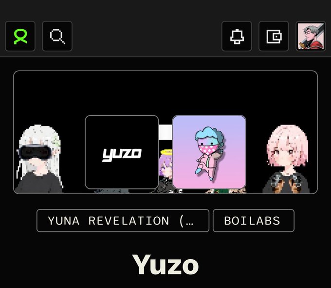A Roblox profile or game interface for 'Yuzo' featuring pixel art avatars, including one labeled 'yuzo' and buttons reading 'YUNA REVELATION' and 'BOILABS'.