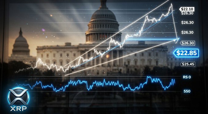A glowing XRP price chart shows a dramatic upward trend from $22.10 to a projected $26.30, overlaid on the U.S. Capitol building, symbolizing hope for a major price surge. The image visualizes the dream of waking up to XRP skyrocketing, with the highlighted $22.85 price point capturing the anticipation of a breakthrough moment.