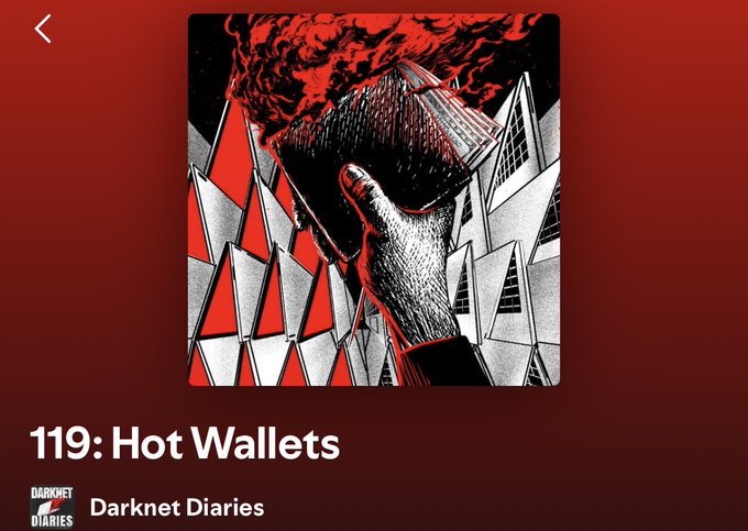 Cover art for the Darknet Diaries podcast episode '119: Hot Wallets', featuring a stylized illustration of a burning credit card held by a hand against a red background.