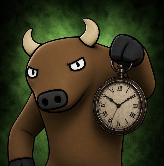 A cartoon brown bull with horns holds a vintage pocket watch, looking unimpressed against a dark green background.