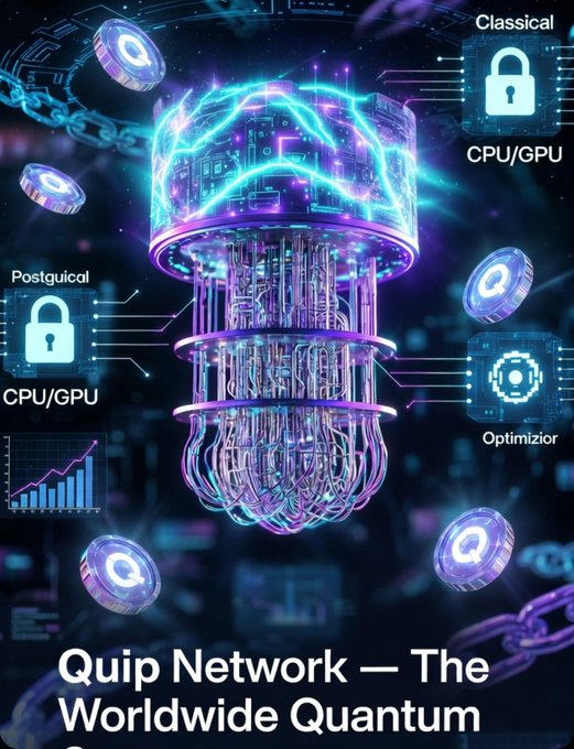 The image features a large purple computer chip with multiple wires and circuits surrounding it. The background of the image is black, making the purple computer chip stand out prominently. Below the image, there are three lines of text that read "quip network - The future of computing is quantum". The first line introduces the concept of a worldwide Quantum Network (QUIP), while the second line explains how this network can be used to solve real-world optimization problems and protect digital assets from potential threats.