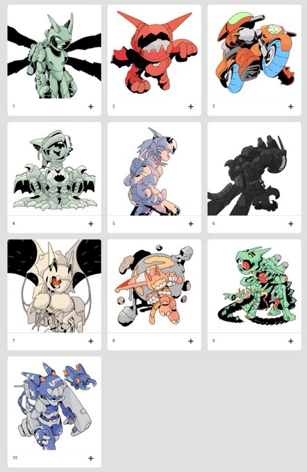 A grid of 10 numbered sticker designs featuring various mecha characters, monsters, and creatures in different colors and styles, with the blue horned mech from the first image appearing as item number 10.