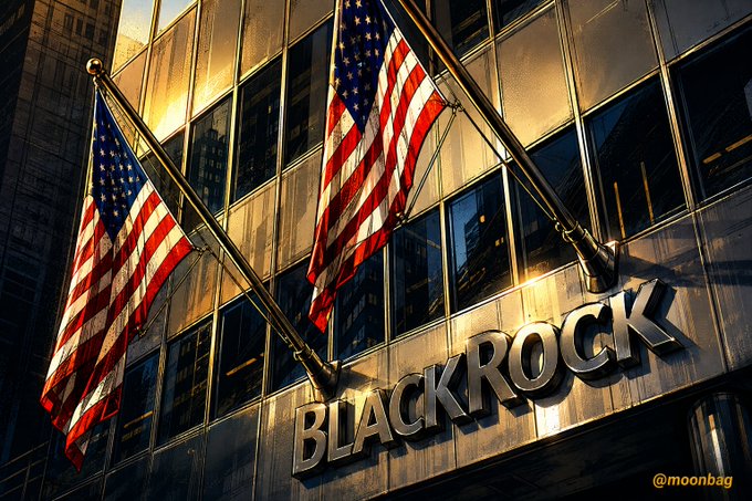 BlackRock's office building displays two American flags above its prominent corporate signage, visually reinforcing the post's message about BlackRock's decisive entry into crypto ETFs. The image symbolizes the firm's powerful, establishment-backed push into Bitcoin and Ethereum via IBIT and ETHA, framing their record-breaking $3.16B inflows over eight straight green sessions as the true catalyst for the bull run.
