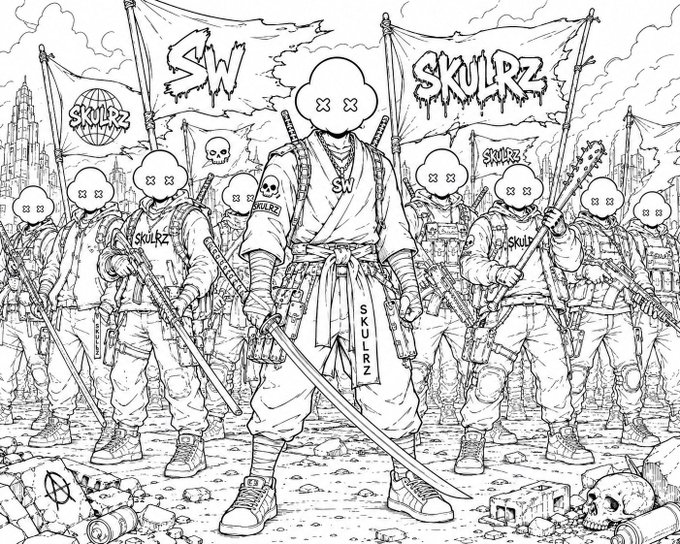 A black and white line art illustration of an army of ninja-like soldiers with X's for eyes carrying weapons and banners reading 'SKULRZ' and 'SW'.
