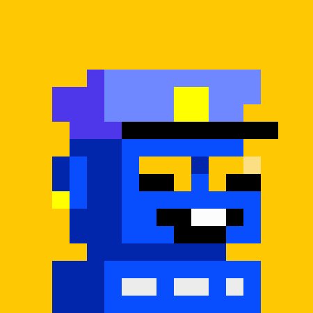 A pixel art character rendered in blue and yellow tones with a mustache, set against a solid yellow background.