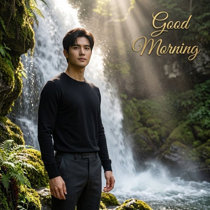 A 'Good Morning' greeting image showing an Asian man in a black long-sleeved shirt standing in front of a lush green waterfall, with golden cursive text on the right side.