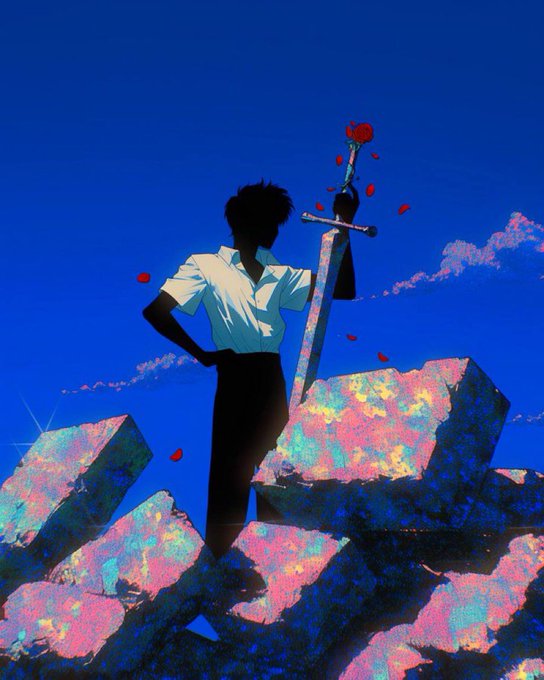 An anime-style illustration of a young person standing on colorful rocky ruins holding a sword with a red rose on its hilt, against a vibrant blue sky with scattered rose petals.