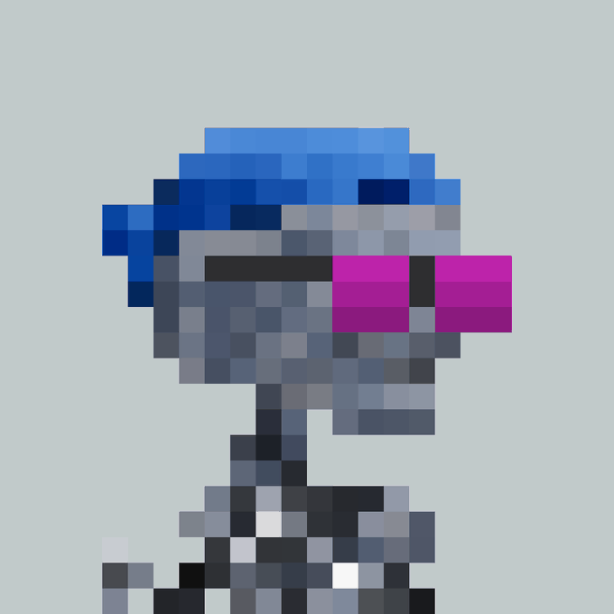 A pixel art character with blue hair wears large, vibrant pink sunglasses and a grey and black patterned outfit against a light blue background.