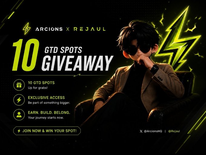 A promotional graphic for 'ARCIONS X REJAUL' advertising a '10 GTD SPOTS GIVEAWAY' featuring an anime character in sunglasses next to a yellow lightning bolt.