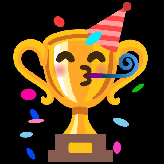A colorful cartoon trophy with a smiling face wears a pink and red striped party hat and blows a party horn, surrounded by colorful confetti on a black background.