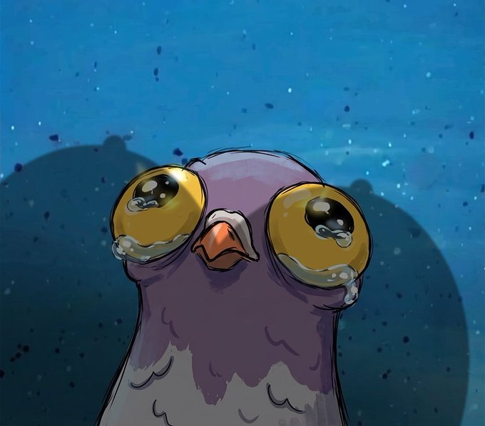 A digital illustration of a cartoonish, wide-eyed purple bird-like creature shedding large, shiny tears against a blue background.