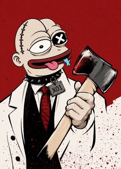An illustrated, horror-style character with stitched features, a black collar with an 'X01' tag, and a bloodied axe standing against a red, splattered background.