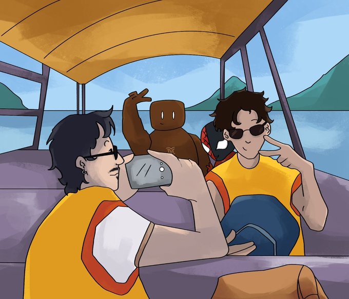 An anime-style illustration of two young men wearing sunglasses and yellow shirts, sitting inside a vehicle with mountains in the background, accompanied by a brown creature and a gray robot.