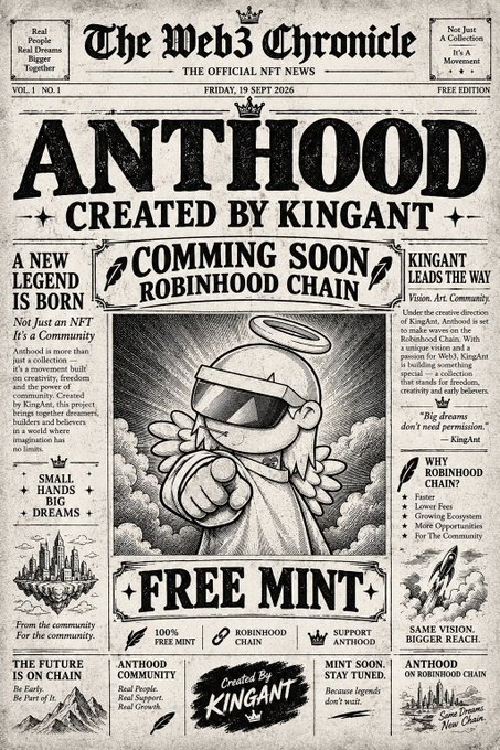 A vintage newspaper-style promotional poster titled 'The Web3 Chronicle' advertises an upcoming NFT project called 'ANTHOOD CREATED BY KINGANT' with a 'FREE MINT' tagline.