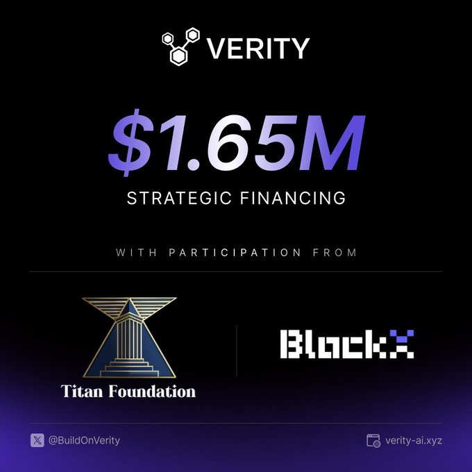A graphic announcement for 'VERITY' announcing '$1.65M STRATEGIC FINANCING' with participation from 'Titan Foundation' and 'Block3', including social handle '@BuildOnVerity' and website 'verity-ai.xyz'.