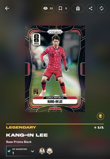 A digital trading card of soccer player Kang-In Lee from the Korea Republic, marked as a Legendary Base Prizms Black card with a rating of 1/1, shown in a collectible card app inventory.