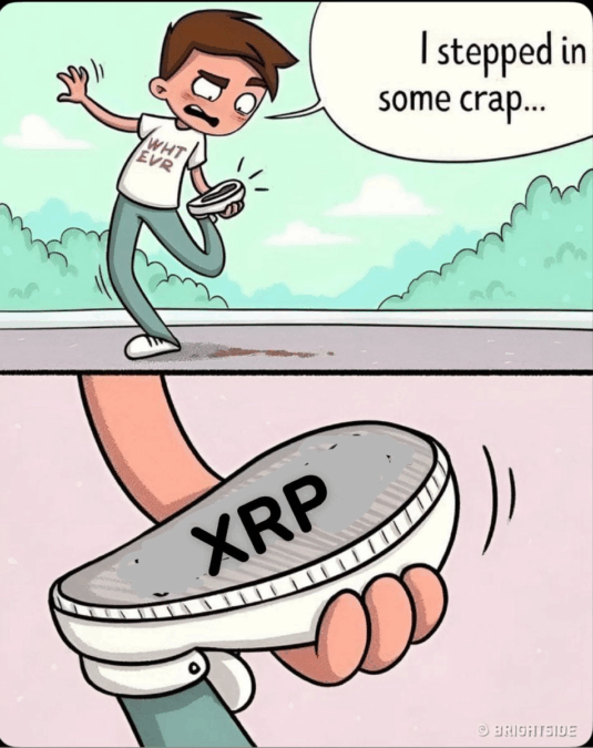 A cartoon man wearing a 'WHT EVR' shirt looks disgusted as he says 'I stepped in some crap...', and lifts his shoe to reveal a silver coin stamped with 'XRP' on the sole.