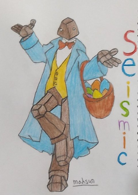 A colorful hand-drawn illustration depicts a wooden robot wearing a blue trench coat, yellow vest, and red bow tie, holding a basket of pastel Easter eggs, with the artist signed "mahsun" and "Seismic" written vertically in multicolored letters down the right side. The whimsical, approachable artwork visually reinforces the post's theme of Seismic System reducing friction in privacy infrastructure by humanizing technology, suggesting their tool feels friendly and accessible rather than intimidating.