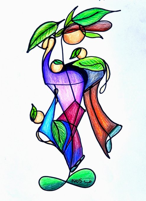 A colorful abstract drawing featuring geometric shapes in blue, purple, red, and orange, intertwined with green leaves and fruit-like forms, signed '1405' at the bottom.