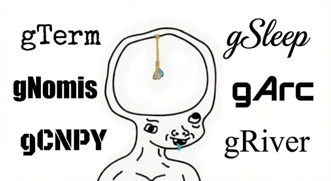 A list of confusing Google search typos including 'gTerm, gNomis, gNIPY' and 'gSleep, gArc, gRiver' surrounding a cartoon figure with drool.
