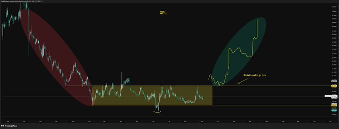 A financial candlestick chart for the ticker "XPL" with overlaid red, yellow, and green ellipses highlighting price trends and an annotation reading "Reclaim and b/o time".
