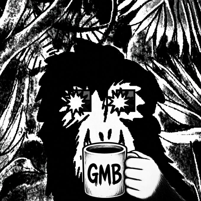 Black and white illustrated portrait of a figure with star-shaped eyes drinking from a white mug labeled 'GMB', set against a stylized palm leaf background.