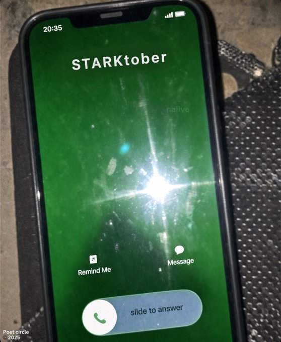 An iPhone lock screen showing an incoming call from 'STARKtober' against a green starry background, with 'Remind Me' and 'Message' options visible above the 'slide to answer' bar.