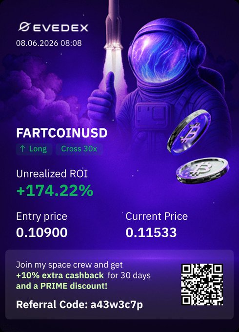 The image features an advertisement for cryptocurrency called Fartcoin. It appears that there's a price chart showing how much money someone has made or lost during trading activities over the past few days. The graph clearly displays the fluctuations of values, which range from -0.1133 to 0.1666. In the background, there is a picture of an astronaut dressed in a space suit. The poster includes details about the cryptocurrency and encourages people to join the space crew for a chance at gaining extra cashback for 30 days or being entered into a prime discount program.
