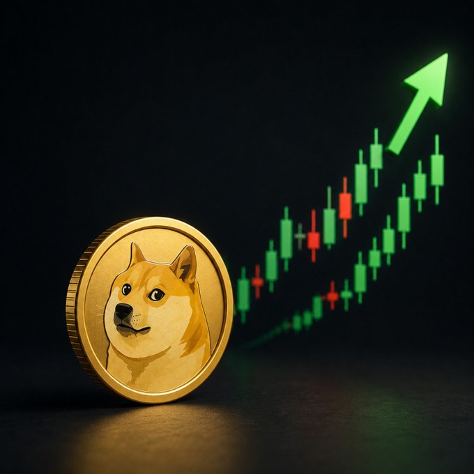 A golden Dogecoin (DOGE) coin positioned in front of a green upward-pointing candlestick chart arrow against a dark background, symbolizing rising price.