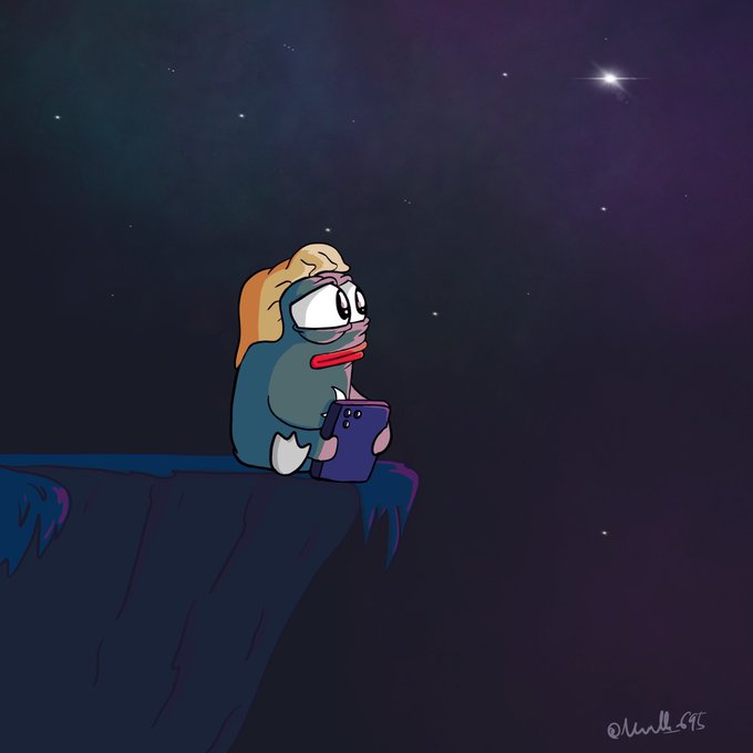 A cartoon penguin character with blonde hair sits on a cliff edge at night, holding a smartphone while gazing at a starry sky with a bright star in the upper right corner.