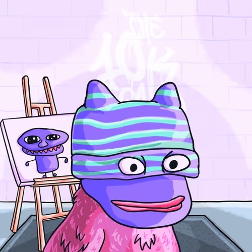 A cartoonish purple character wearing a striped beanie sits in front of a canvas displaying a small purple creature NFT, with the text "THE 10K SQUAD" glowing in the background. The image visually celebrates the milestone mentioned in the caption of the Nads art collection's "10k Squad" NFT #1142.