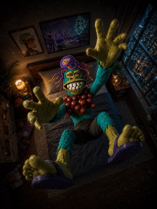 A surreal image of a furry creature with large feet wearing slippers, a colorful hat, and a beaded necklace sitting on a bed.