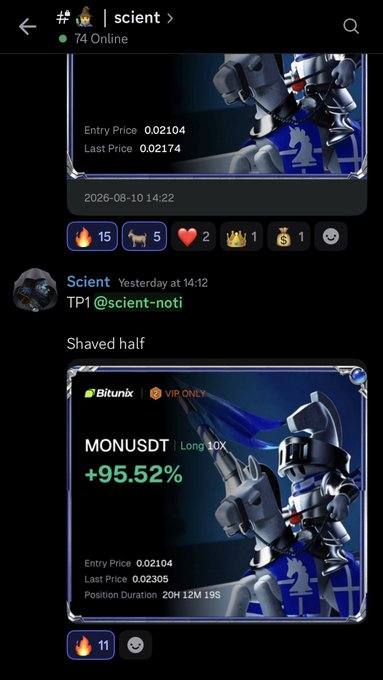 A Discord message from user "Scient" in the "#scient" channel showcases a trading screenshot titled "Shaved half," featuring a MONUSDT Long 10X position on Bitunix with a +95.52% gain after a 20H 12M 19S duration, matching the post's celebration of a successful $MON long trade.