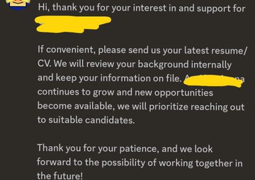 A screenshot of a message saying 'Hi, thank you for your interest in and support for...' asking the recipient to send their latest resume/CV, with names highlighted in yellow.