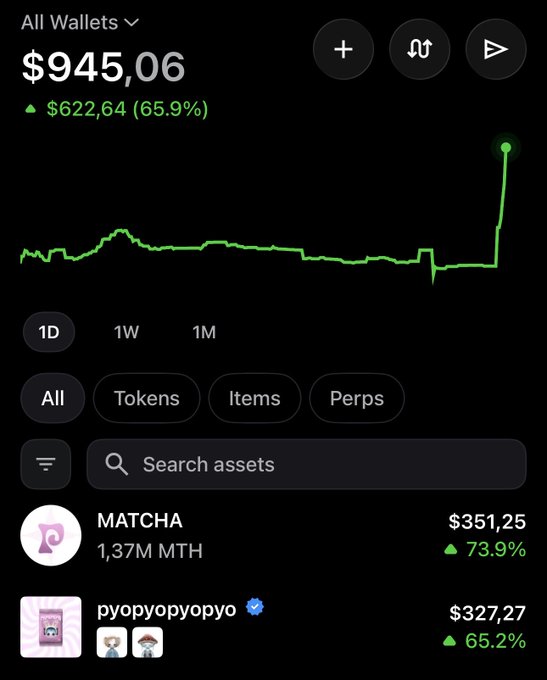 A crypto wallet portfolio screen showing a total balance of $945.06 with a +$622.64 (65.9%) gain, featuring a green performance chart and assets including MATCHA ($351.25) and pyopyopyopyo ($327.27).