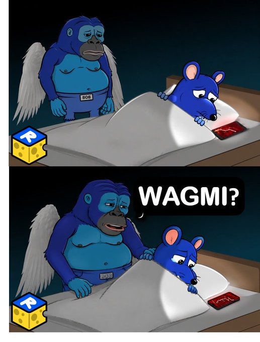 The image features a cartoon illustration of two monkeys, one wearing blue underwear and the other dressed in white. The monkey with blue underwear appears to be trying to wake up the other monkey who is sleeping under a blanket. The caption for the image reads "GM @OgRats GM @RonkeOn Ron GM @Ronin_Network WAGMI? #OgRatContest".