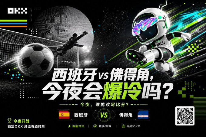 The image shows two cartoon figures, a robot and an anime character, playing soccer against each other. The robot player is positioned at the center of the scene, while the anime player is located towards the right side. In the background behind them, there's a football, suggesting that this game could be inspired by real-life sports events featuring soccer. The post features Chinese text that reads "加拿大一战夺走了我在OKX积分竞猜的全部 今晚世界杯球赢 谁也拦不住", and " OMG! Chinese text says '加拿大一战夺走了我在OKX积分竞猜的全部 今晚世界杯球赢 谁也拦不住".