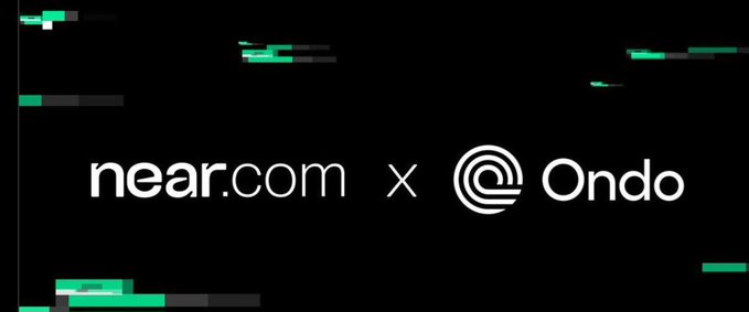 A black banner with green pixelated accents announcing a partnership between near.com and Ondo.